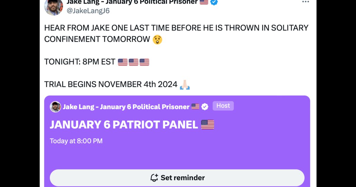 J6 Patriot Panel Twitter Space Tonight at 8:00 PM ET: Stand Up for Justice-Join Jake Lang and Cara Castronuova