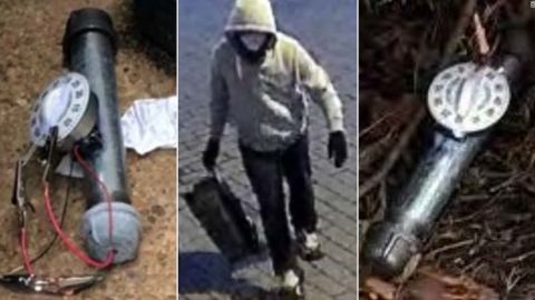 Suspicious device with wires and a timer, alongside a suspect in a hoodie carrying a bag, potentially related to a security incident.