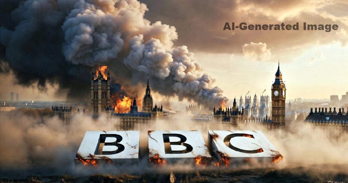 Dramatic AI-generated image of London skyline with burning buildings and smoke, featuring the iconic Big Ben and BBC logo in the foreground.