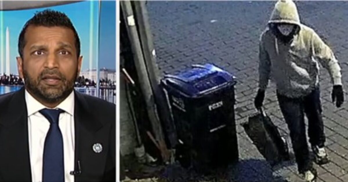 News segment featuring a suspect in a hoodie near a trash bin, alongside a commentator discussing the incident.