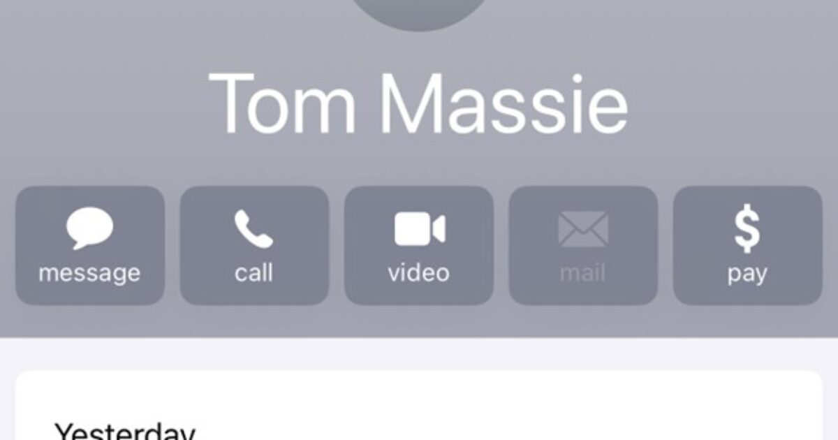 Screenshot of an outgoing call to Tom Massie, showing call duration of three seconds and timestamp of 7:36 PM yesterday.