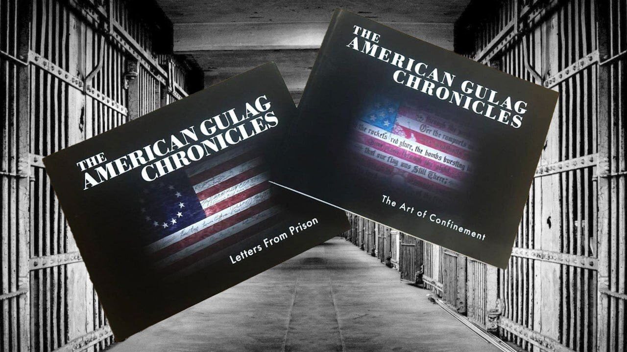 Book covers of The American Gulag Chronicles, featuring themes of confinement and letters from prison, set against a backdrop of prison bars.
