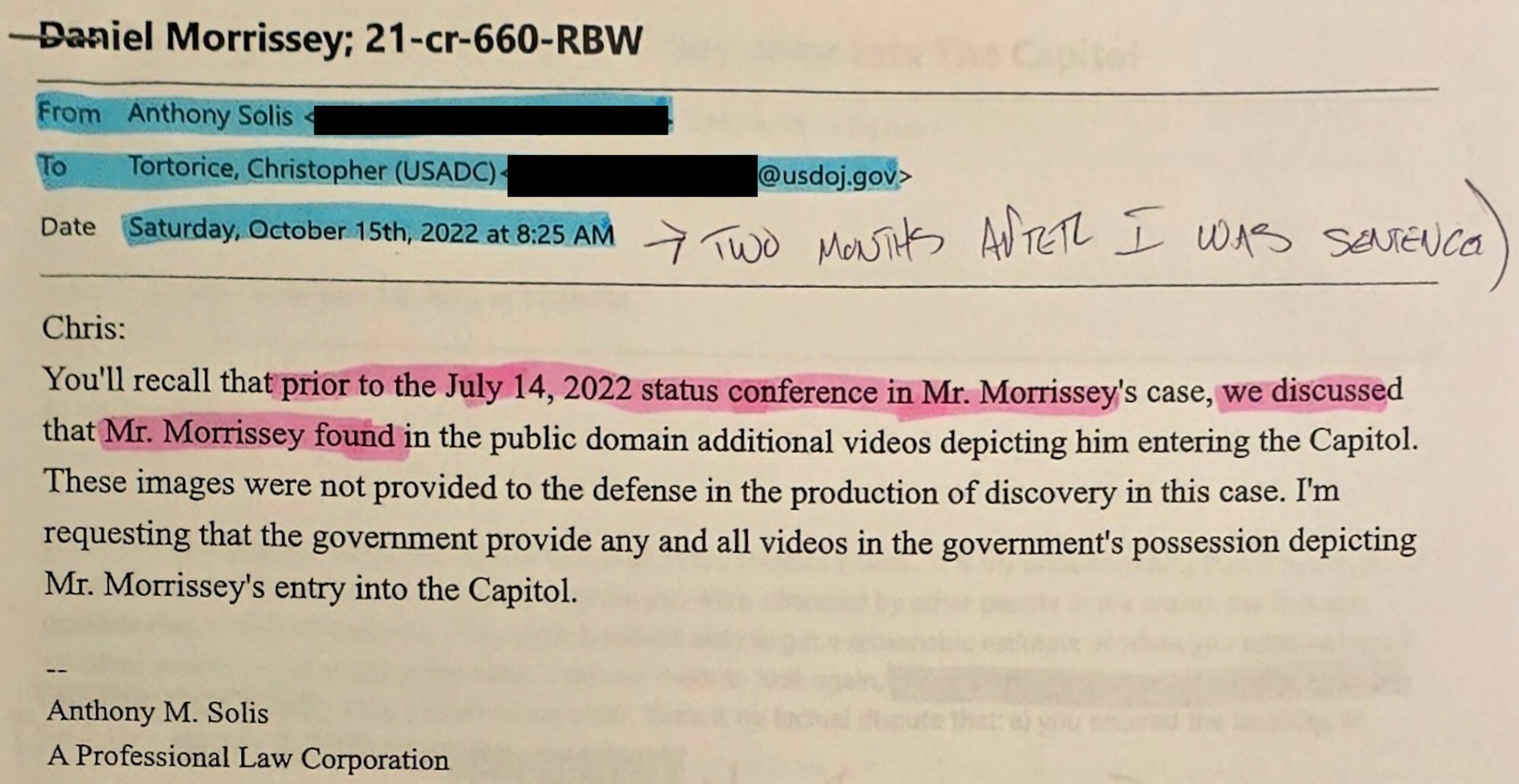 Email correspondence regarding Daniel Morrissey's case, discussing the request for public domain videos of his entry into the Capitol prior to a 2022 status conference.