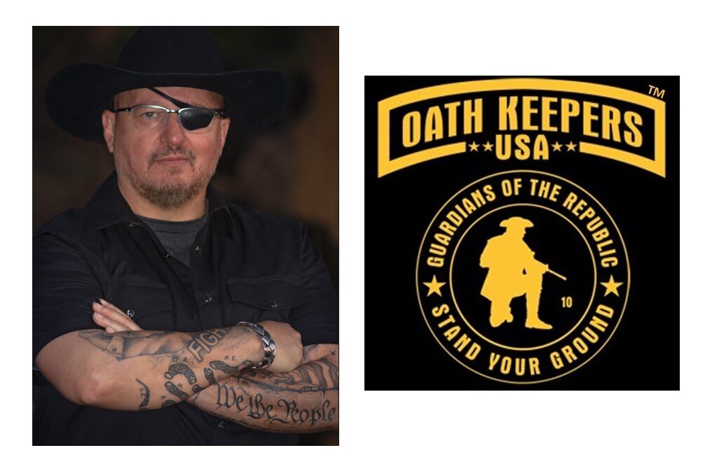 Man with an eye patch and tattoos stands confidently, alongside the Oath Keepers logo, symbolizing a group focused on constitutional rights and community defense.