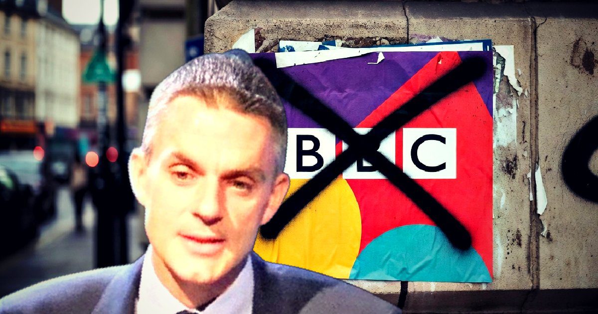 Man in business attire in front of a defaced BBC logo poster on a city street, illustrating public dissent or protest.