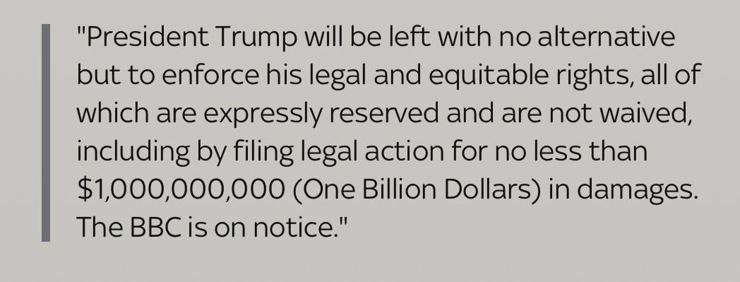 Text discussing legal action and potential damages involving President Trump and the BBC.