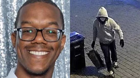 Image shows a smiling man on the left and a hooded figure carrying a bag on the right, walking near a trash can at night.