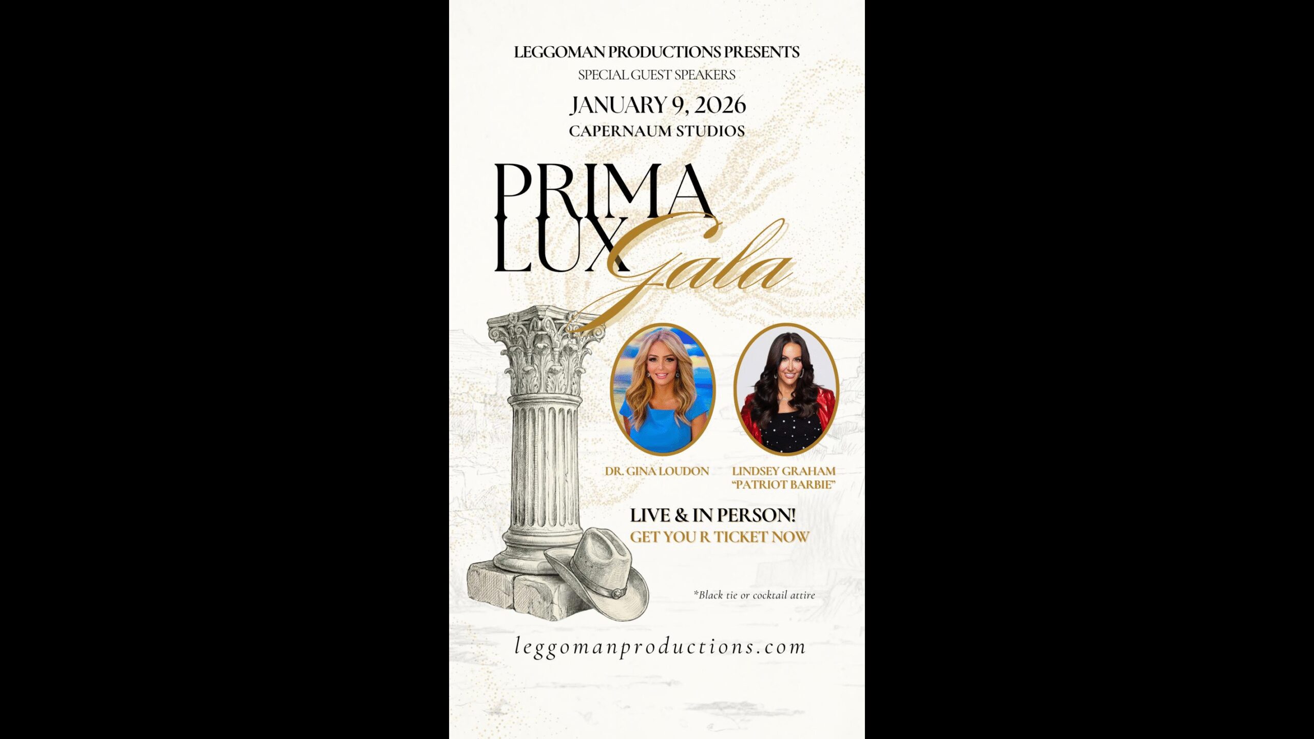 Promotional graphic for the Prima Lux Gala featuring speakers Dr. Gina Loudon and Lindsey Graham, scheduled for January 9, 2026, at Capernaum Studios.