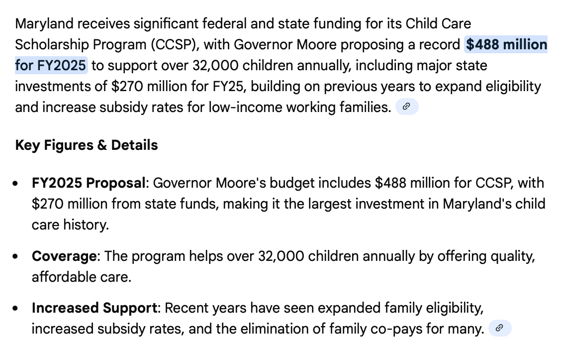 Maryland's Child Care Scholarship Program receives $488 million for FY2025 to support over 32,000 children, enhancing eligibility and increasing subsidy rates for low-income families.