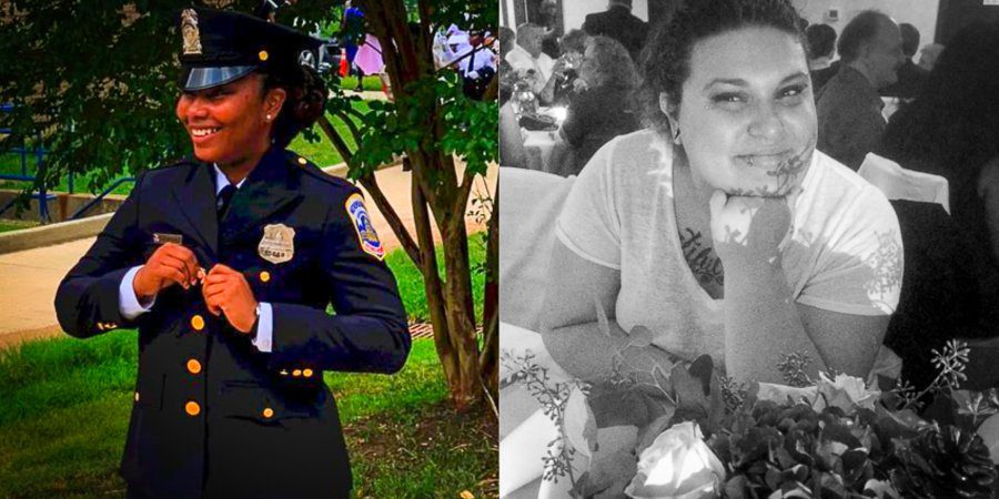 Police officer in uniform smiling outdoors next to a woman with a tattoo, sitting at a table with flowers.