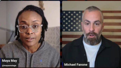 Maya May and Michael Fanone engage in a discussion, sharing insights on relevant topics, with an American flag backdrop.