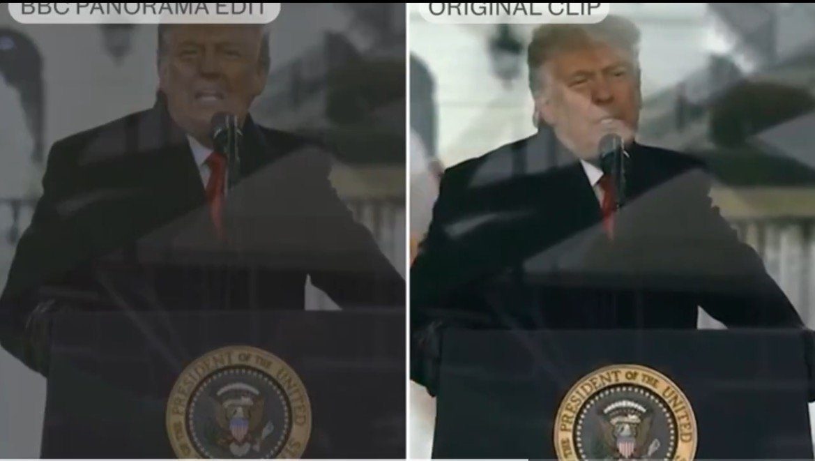 Side-by-side comparison of Donald Trump speaking, highlighting differences between a BBC Panorama edit and the original clip.