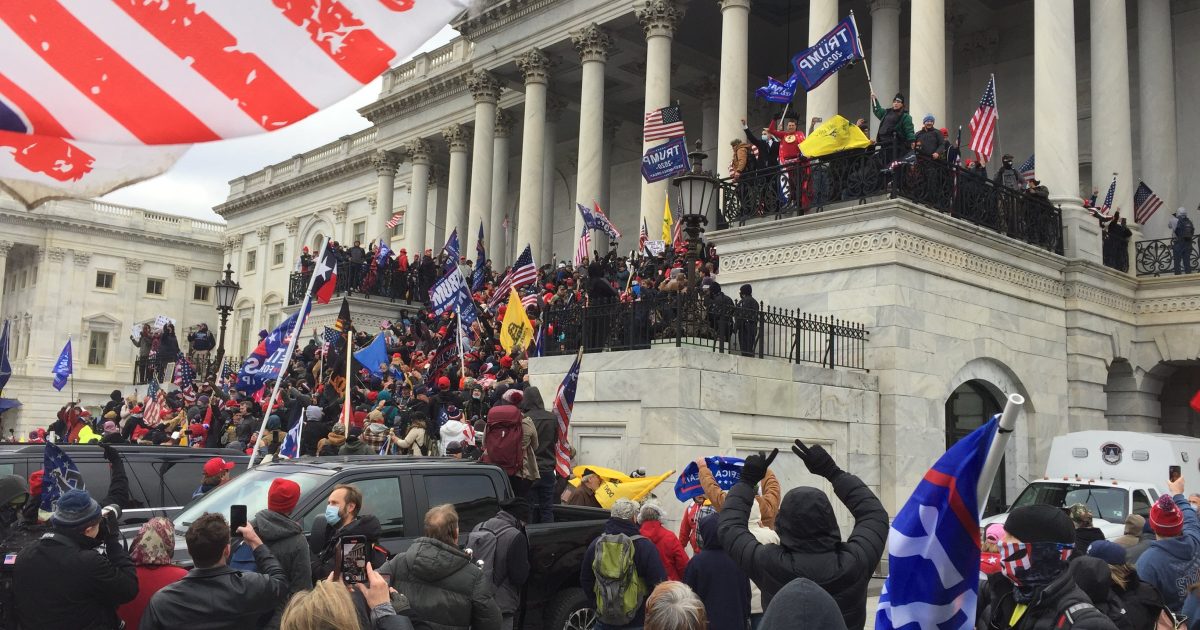 Protesters gather at the Capitol building, waving flags and banners during a demonstration, showcasing a significant moment in recent U.S. history.