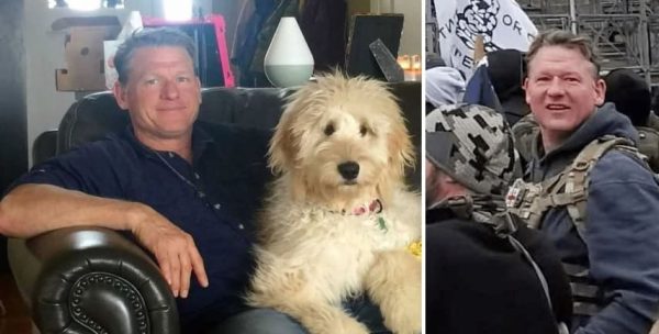 Man sitting on a couch with a fluffy dog on his lap, alongside a second image of the same man in tactical gear at a rally.