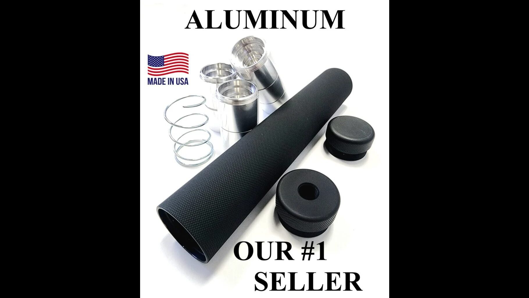 Aluminum components including a tube, caps, and springs, labeled as best-selling products, made in the USA.