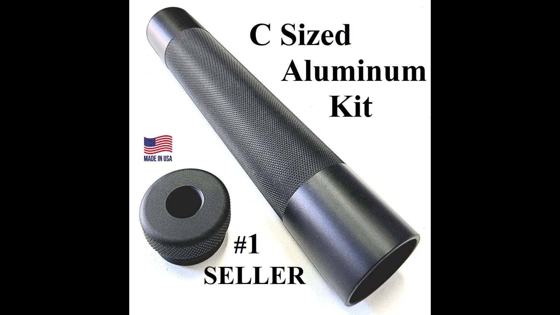 C sized aluminum kit featuring a textured grip and a cap, labeled as the number one seller and made in the USA.
